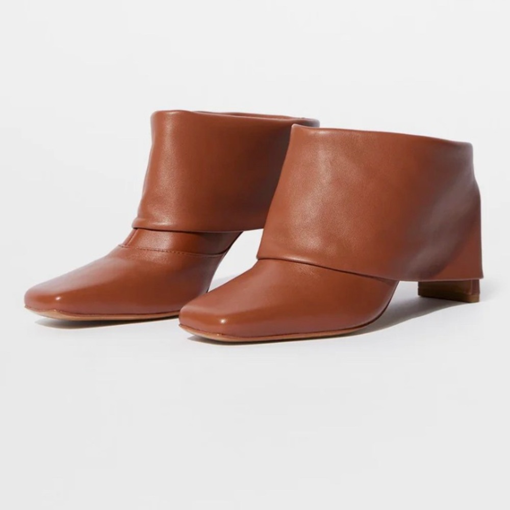 Jonathan Simkhai Karine Foldover Leather Booties Cinnamon Brown 7 Square Toe